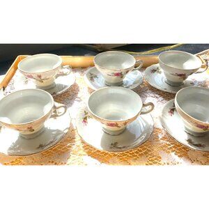 Vintage Rose Teacups & Saucers Bone China 1950's Gold Trim Japan Set/6